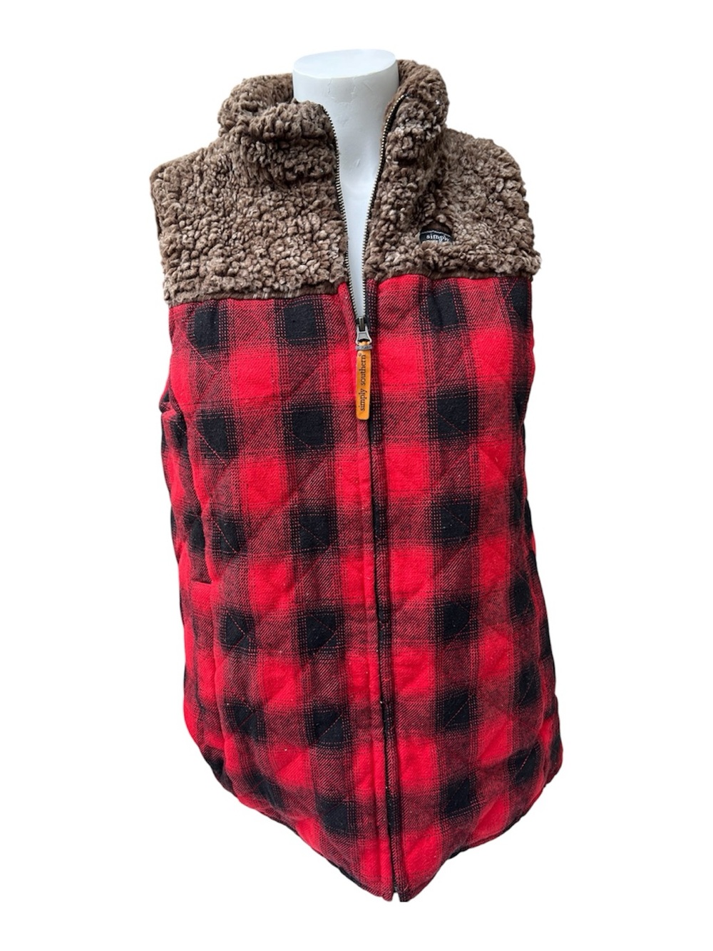 Simply Southern Womens M Deep Pile Fleece Flannel Quilted Puffer Vest Jacket